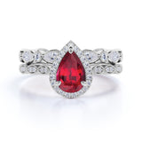 Antique Pave Set 2.25 Carat Pear Cut Lab Ruby and Diamond Halo Bridal Set with Eternity Band in White Gold