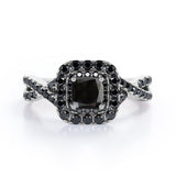 Rounded Square Double Halo -  1.55 TCW Princess Cut Lab Created Black Diamond - Infinity Pave Engagement Ring in White Gold