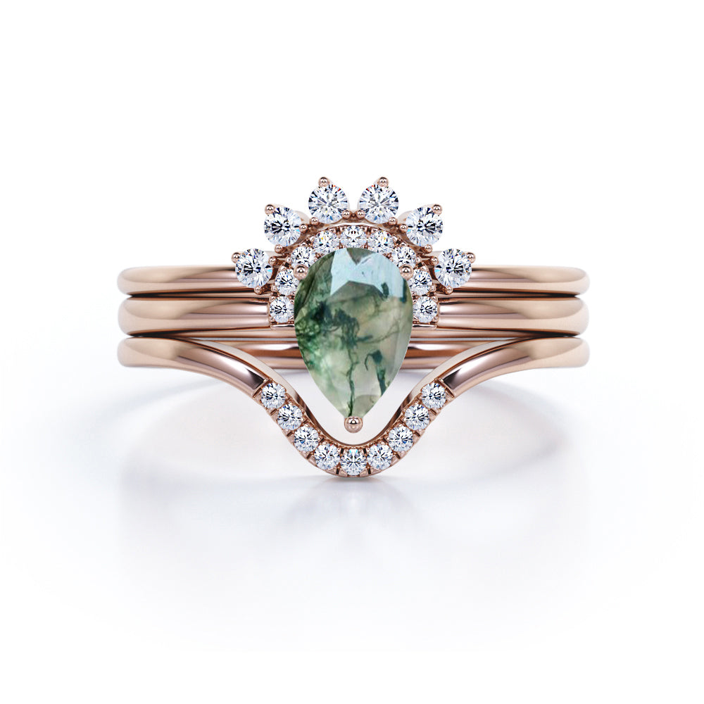 Crown Bezel Set 1 Carat Teardrop Shape Genuine Druzy Moss Green Agate and Matching Diamond Pave Band Trio Ring Sets