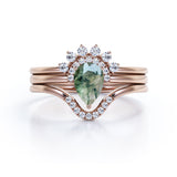 Crown Bezel Set 1 Carat Teardrop Shape Genuine Druzy Moss Green Agate and Matching Diamond Pave Band Trio Ring Sets