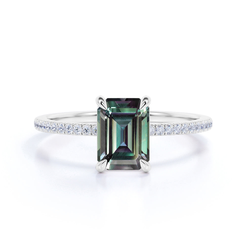 1.25 Ct Emerald Cut Lab Alexandrite Pave Engagement Ring