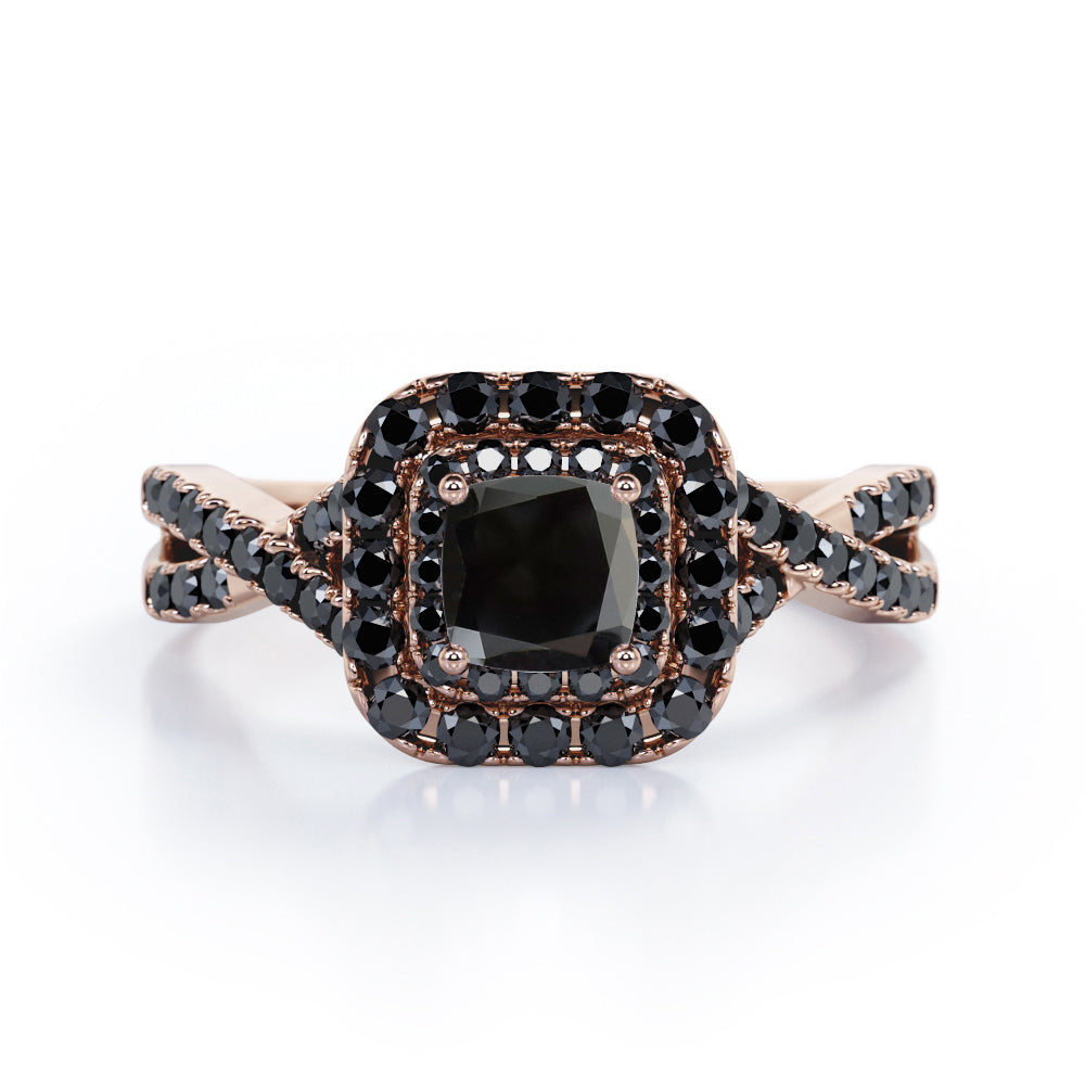 Rounded Square Double Halo -  1.55 TCW Princess Cut Lab Created Black Diamond - Infinity Pave Engagement Ring in White Gold
