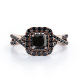 Rounded Square Double Halo -  1.55 TCW Princess Cut Lab Created Black Diamond - Infinity Pave Engagement Ring in White Gold