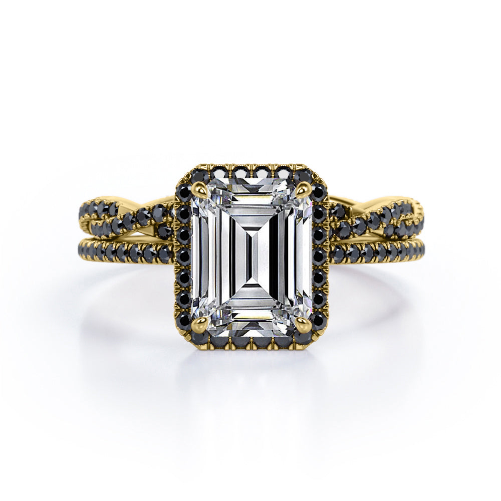 Crossover with Pave Accents - 1.75 TCW Emerald Cut Moissanite with Lab Created Black Diamond - Halo Bridal Ring Set in White Gold