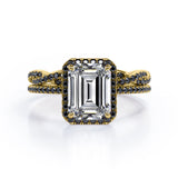 Crossover with Pave Accents - 1.75 TCW Emerald Cut Moissanite with Lab Created Black Diamond - Halo Bridal Ring Set in White Gold