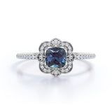 Antique Flower Cluster 1.50 Carat Cushion Cut Lab Created Blue Alexandrite and Diamond Halo Pave Engagement Ring in White Gold for Her
