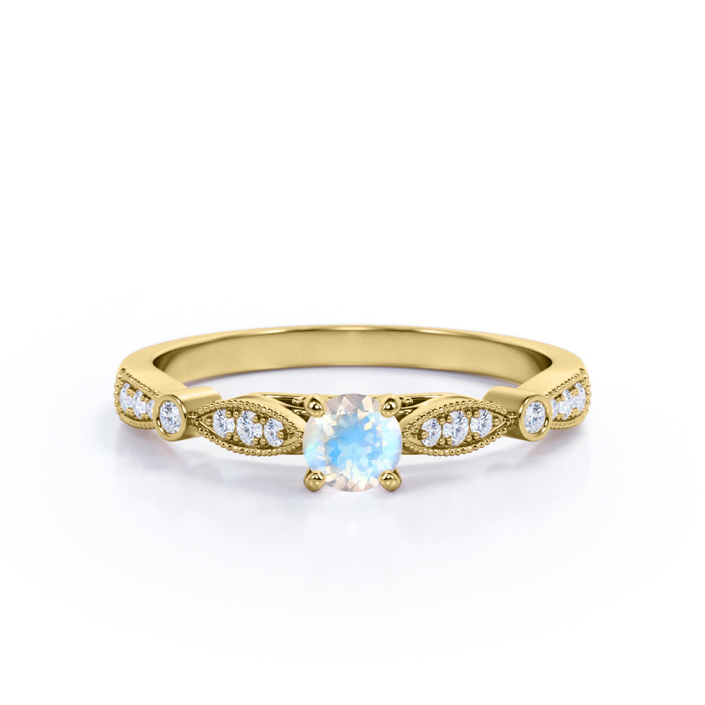 Decorative Cathedral 0.6 carat Round Moonstone and Moissanite Engagement Ring in Rose Gold