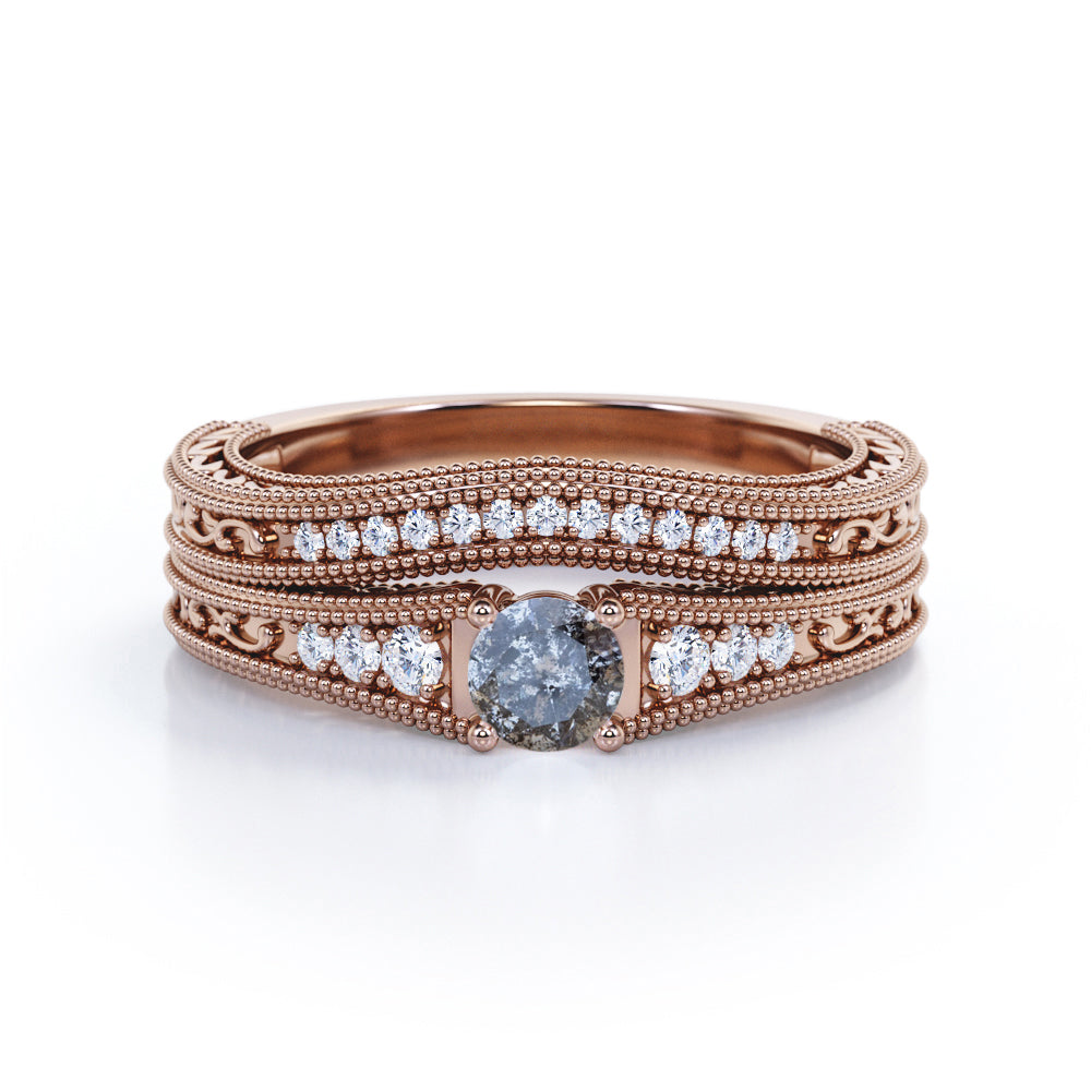 Tapered 0.55 Carat Round Cut Natural Icy Salt And Pepper Diamond Modern Art Deco Wedding Ring Set In White Gold.