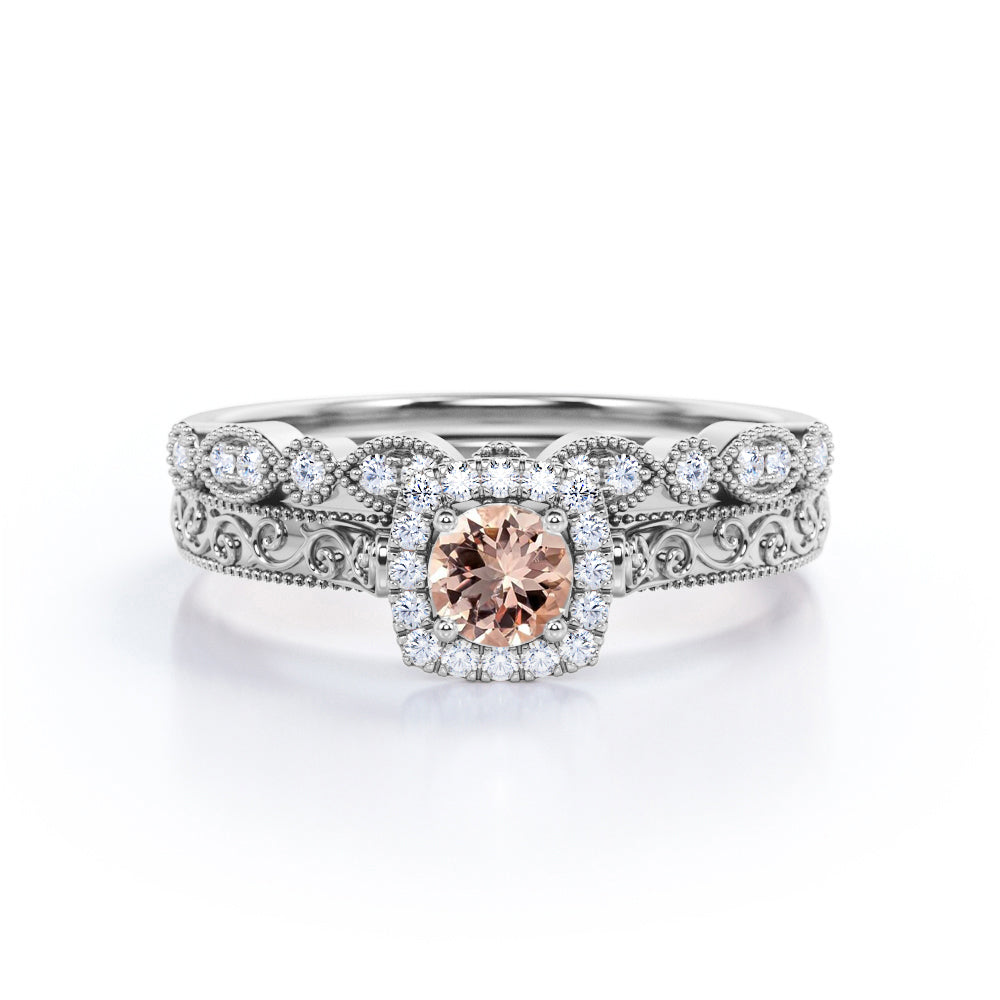 Vintage Fancy Set - 0.75 carat Round Morganite and Moissanite Wedding Ring Set in Rose Gold