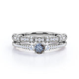 Vintage Milgrain 0.65 Carat Round Cut Genuine Salt and Pepper Diamond Three Stone Wedding Ring Set In White Gold