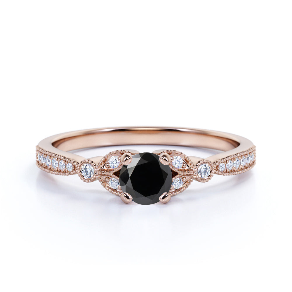 Leaves 1 Carat Round Lab Black Diamond and Modern Art Deco Engagement Ring in White Gold