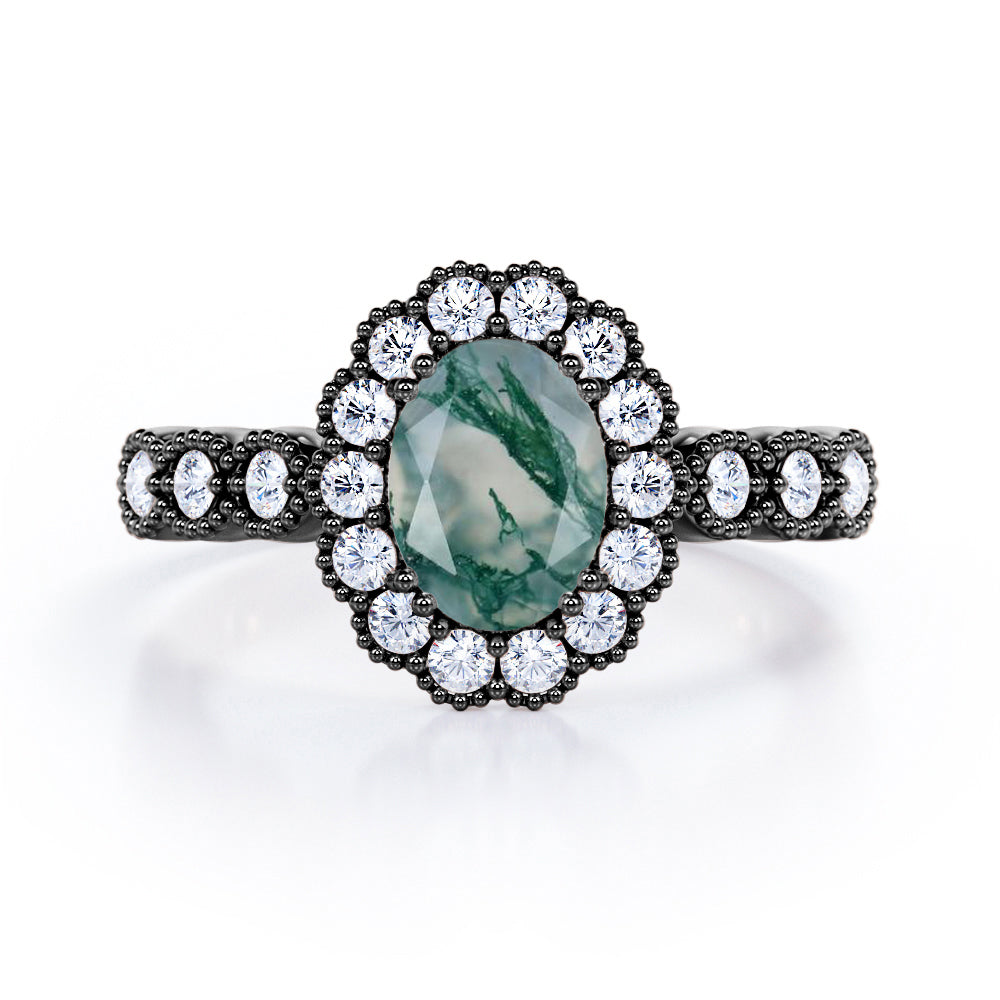 Vintage Floral Halo 0.7 carat Oval and Round Moss Green Agate and diamond Engagement Ring in Rose Gold