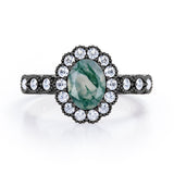Vintage Floral Halo 0.7 carat Oval and Round Moss Green Agate and diamond Engagement Ring in Rose Gold