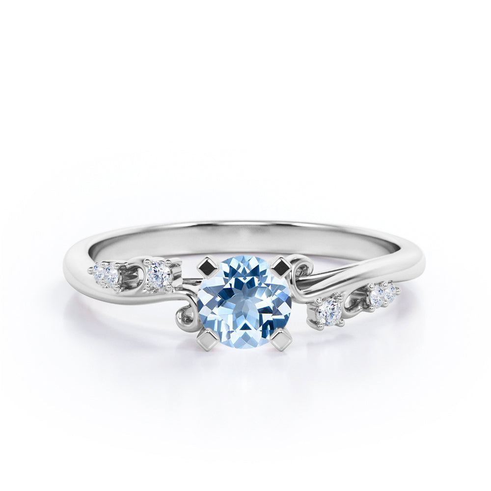 Stylish 1.05 Carat Round Cut Aquamarine And Diamond Seven Stone Engagement Ring In Rose Gold