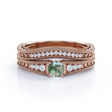 Antique Milgrain 0.8 carat Round Dendritic Moss Agate Stone and Moissanite Bridal Set in White Gold