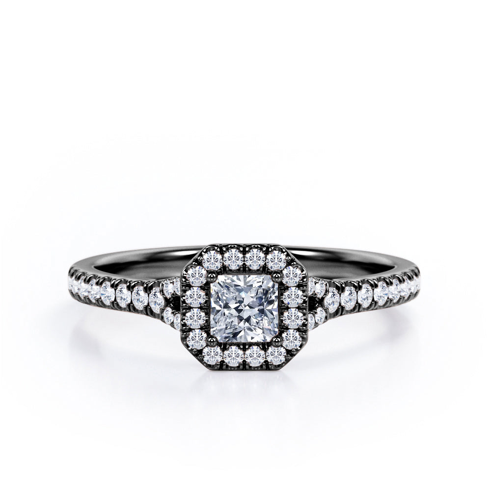 Four-Prong Octagon Halo Design - 0.5 TCW Princess Cut Diamond - Split Shank Pave Engagement Ring - 10K Rose Gold