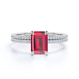 1.50 Carat Emerald Cut Genuine Ruby Wedding Set - Classic Ring Band - 18k White Gold over Silver