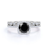 Artdeco scalloped 1.75 Carat Lab Black Diamond Wedding Ring Set for Women in White Gold