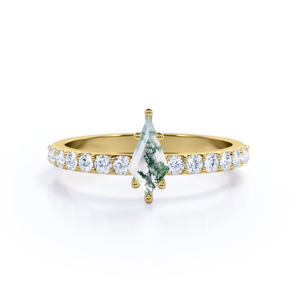 Petite 1.25 carat Step Cut Moss Agate and Moissanite Engagement Ring in White Gold