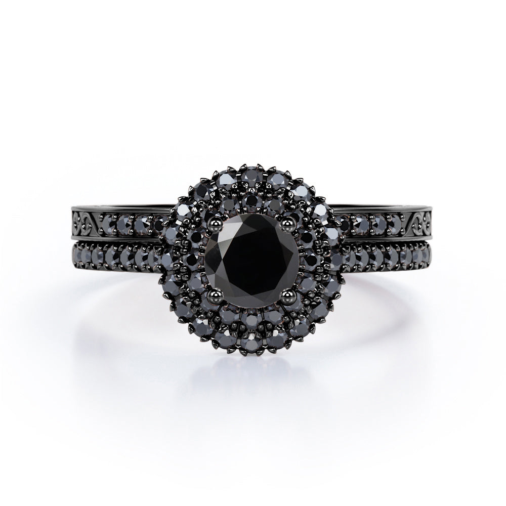 Double Halo Pave 1.75 TCW Round Lab Created Black Diamond Filigree Wedding Ring Set in White Gold