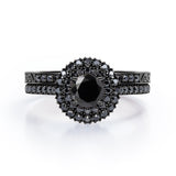 Double Halo Pave 1.75 TCW Round Lab Created Black Diamond Filigree Wedding Ring Set in White Gold