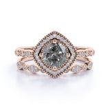 Art Deco Halo 0.8 Ct Round Cut Salt and Pepper Diamond Bridal Set