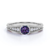 Vintage Prong Solitaire 1.25 Carat Round Cut Lab Made Purple Alexandrite and Diamond Art Deco Filigree Engagement Ring in White Gold for Her