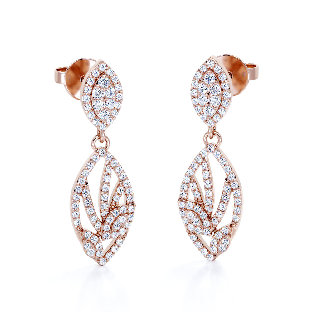 Stylish 0.35 Carat Round Cut Moissanite Marquise Framed Drop Earrings  In Rose Gold