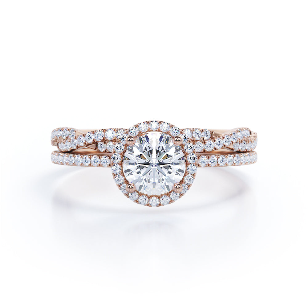 1.50 Carat Round Cut Moissanite And Diamond Halo Bridal Set In White Gold