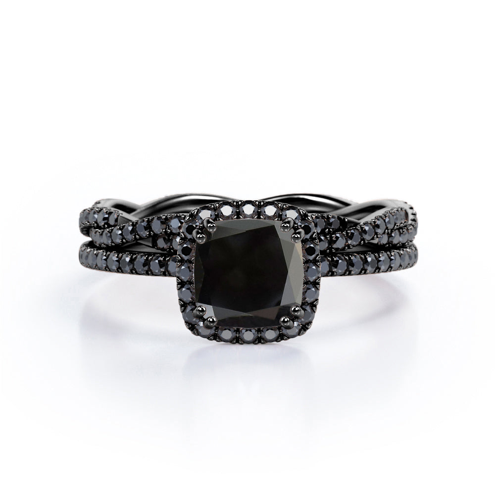 Eternity Crossover - 1.75 TCW Cushion Cut Lab Created Black Diamond - Halo Pave Setting Wedding Set in White Gold