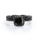 Eternity Crossover - 1.75 TCW Cushion Cut Lab Created Black Diamond - Halo Pave Setting Wedding Set in White Gold