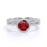 Stylish Infinity Halo Design 1.25 Carat Round Cut Lab Ruby and Diamond Wedding Ring Set in White Gold