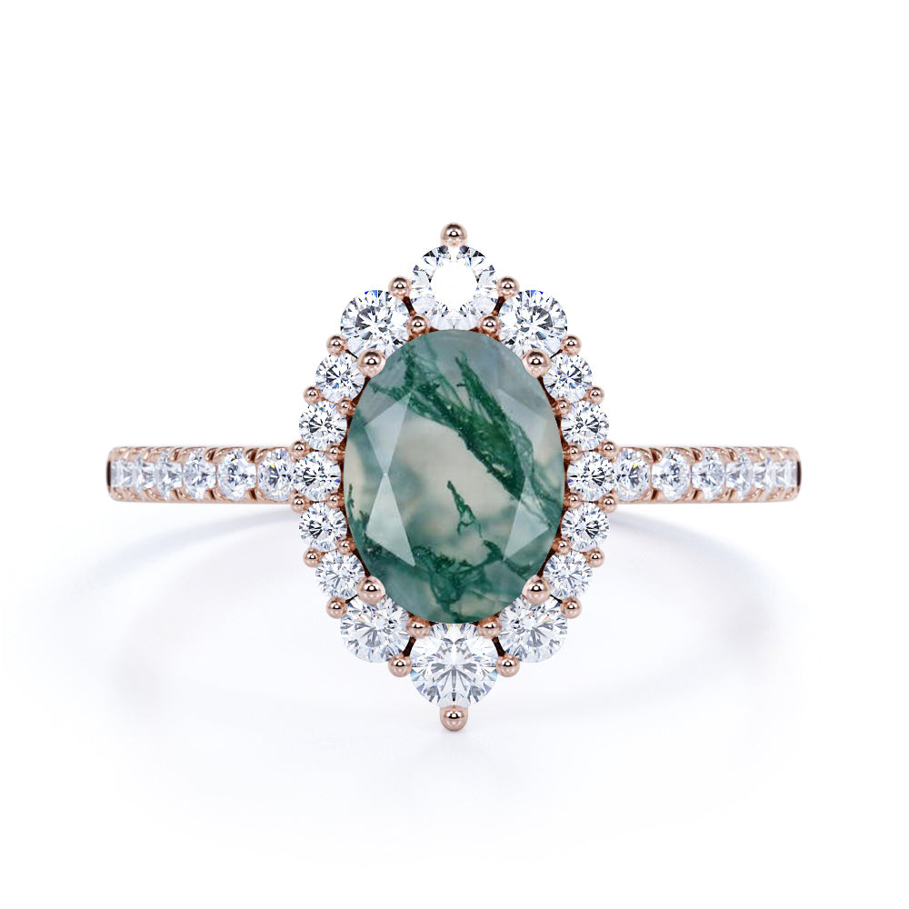 Unique Halo Cluster 1.50 Carat Oval Cut Natural Druzy Moss Green Agate and Diamond Semi Eternity Pave Engagement Ring in White Gold for Ladies
