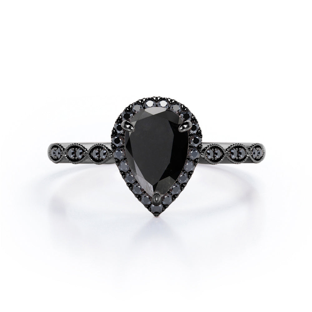 1.4 ct Pear Lab Black Diamond Art Deco Halo Engagement Ring