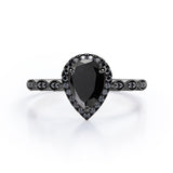 1.4 ct Pear Lab Black Diamond Art Deco Halo Engagement Ring