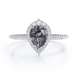 Vintage 1.35 ct Tear Drop Black Rutilated Quartz Halo Engagement Ring