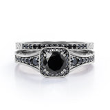 Filigree Pave Channel 1.6 TCW Round Lab Created Black Diamond Double Prong Cluster Wedding Set in White Gold