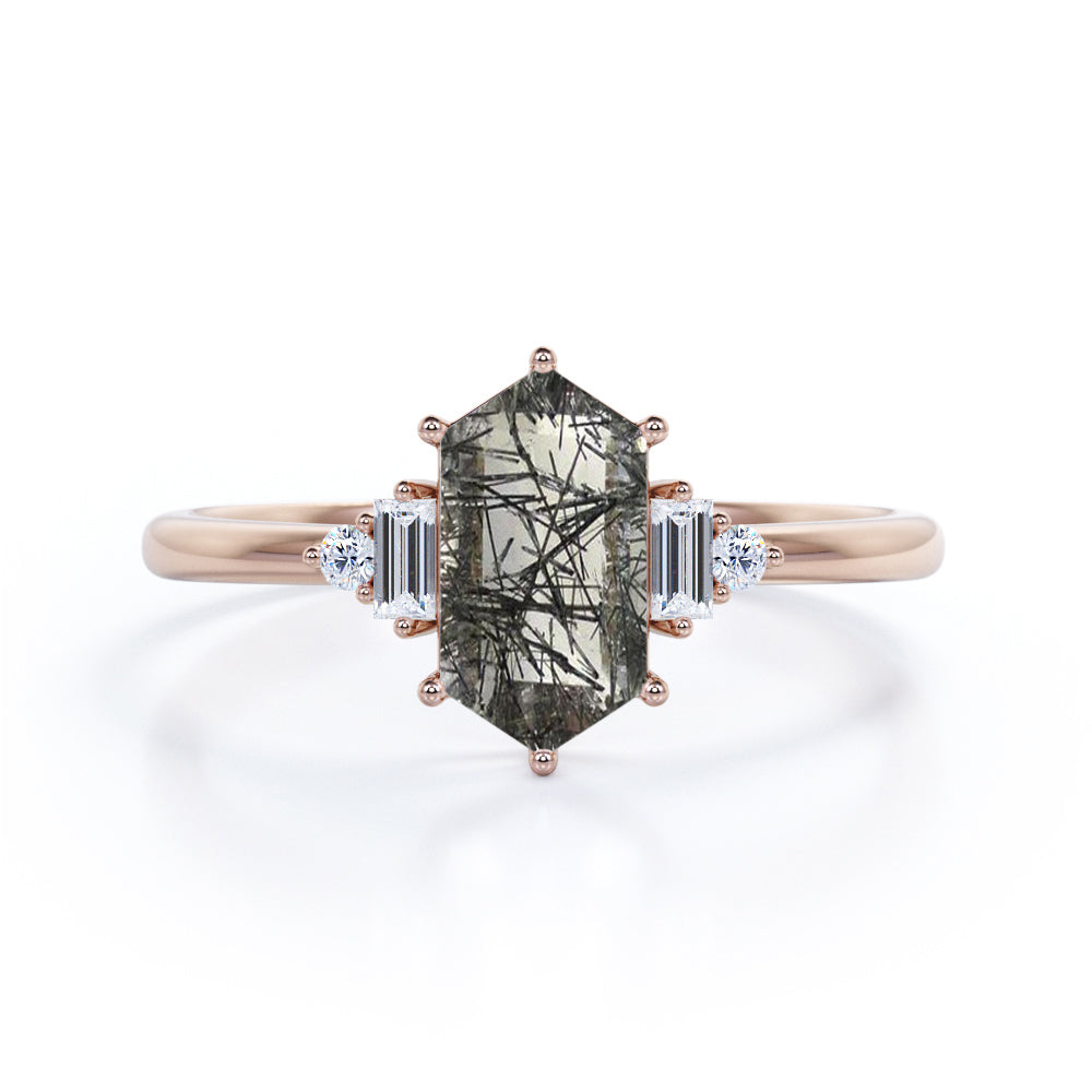 1.15 ct Hexagon Black Rutilated Quartz Five Stone Engagement Ring