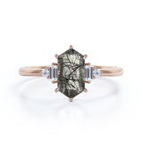 1.15 ct Hexagon Black Rutilated Quartz Five Stone Engagement Ring