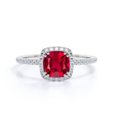 Classic Pave 1.50 Carat Cushion Cut Lab Ruby and Diamond Halo Engagement Ring in White Gold