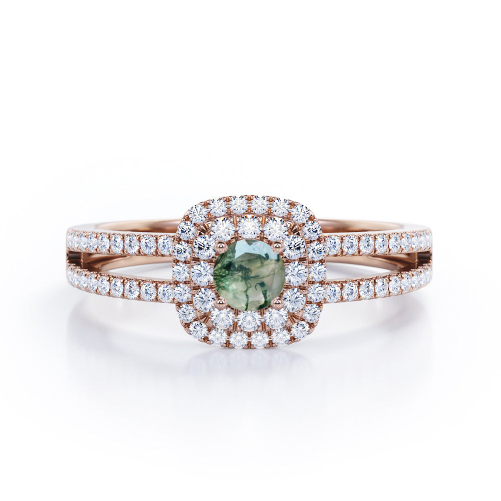 Double Halo 1.55 Carat Round Cut Green Moss Agate And Diamond Split Shank Engagement Ring In White Gold