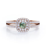 Double Halo 1.55 Carat Round Cut Green Moss Agate And Diamond Split Shank Engagement Ring In White Gold
