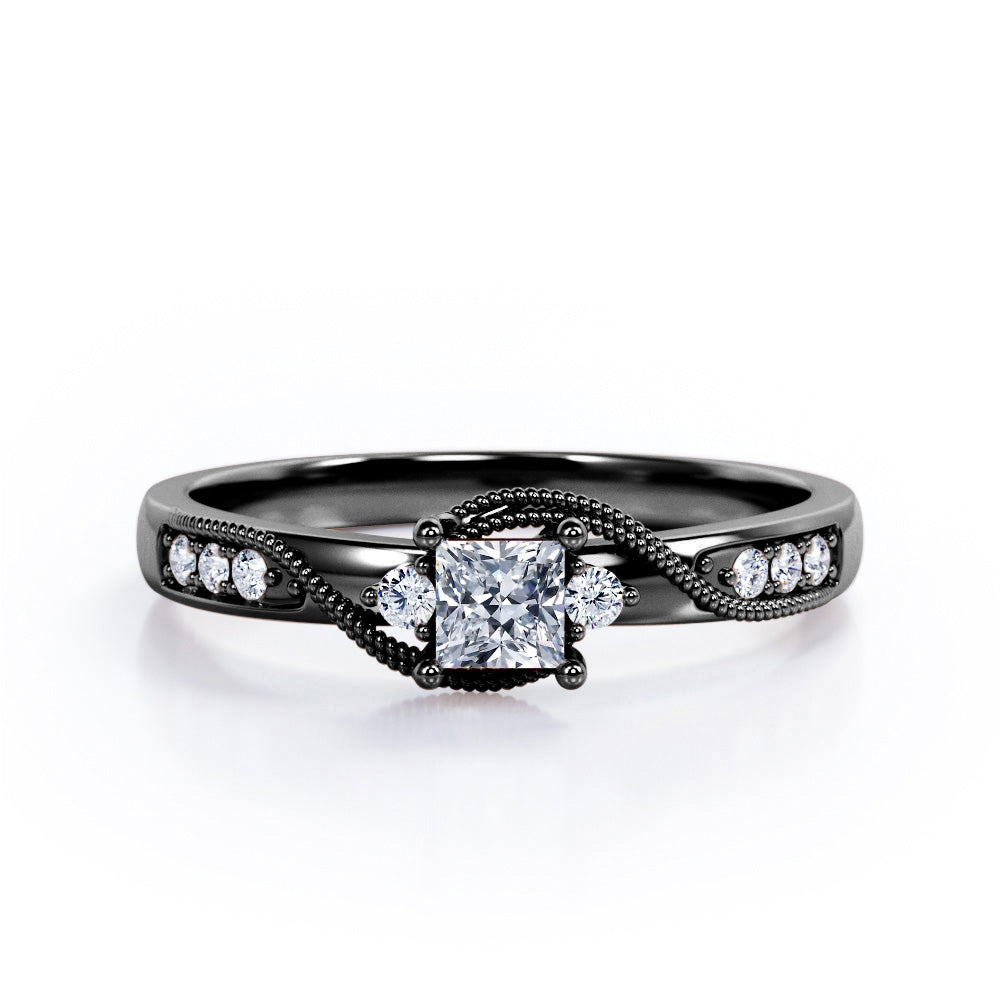 Milgrain-Tensioned Trilogy 0.3 TCW Princess Cut Diamond Mini Pave-Channel Engagement Ring in 10K White Gold