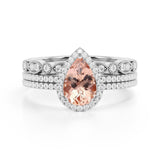 Sale: Huge 2 Carat Morganite and Diamond Flower Leaf Affordable Trio Wedding Set for Women in White Gold