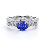 Art Deco 2.25 Carat Round Cut Sapphire and Diamond Bridal Ring Set with Infinity Band in White Gold