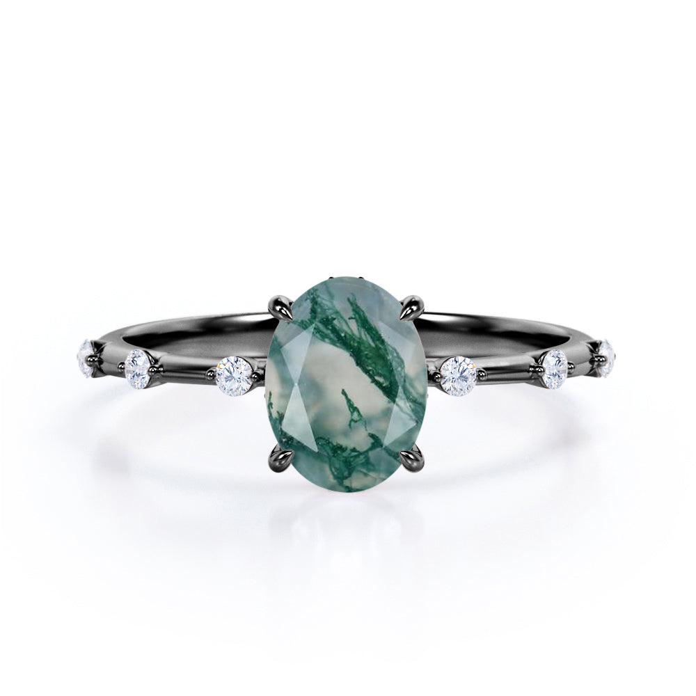 Tapered 0.6 Ct Oval Green Moss Agate Engagement Ring