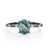 Tapered 0.6 Ct Oval Green Moss Agate Engagement Ring