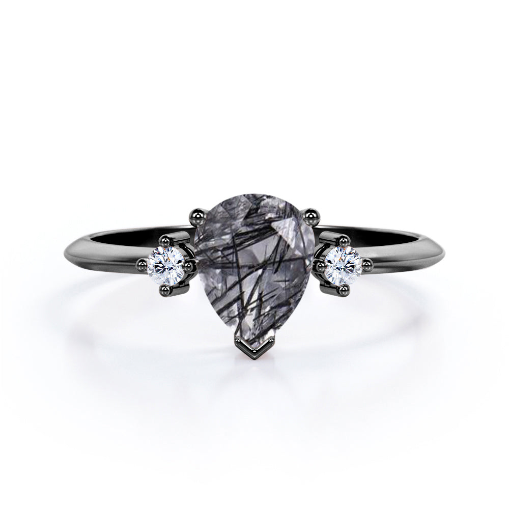 1.10 ct Pear Black Rutilated Quartz Three Stone Engagement Ring