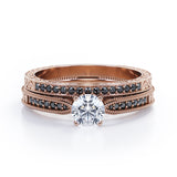 Milgrain-Edged 1.5 TCW Round-Shaped Moissanite with Lab Created Black Diamond Art Deco Victorian Design Wedding Set in Rose Gold