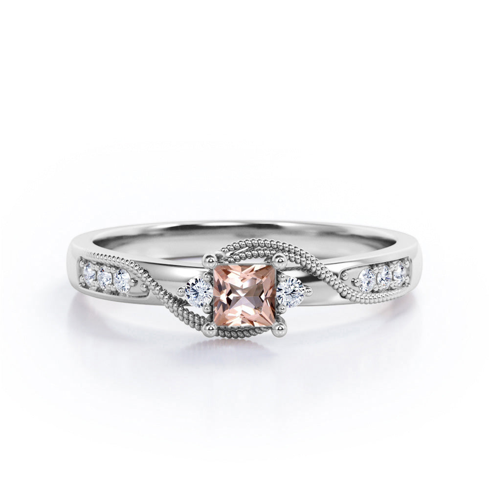 Double Curved Line Milgrain 0.55 carat Princess Morganite and Moissanite Dainty Engagement Ring in Rose Gold